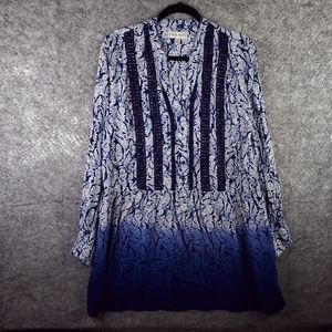Knox Rose Tunic Top Womens Medium Blue Print Dip Dye Popover Long Sleeve